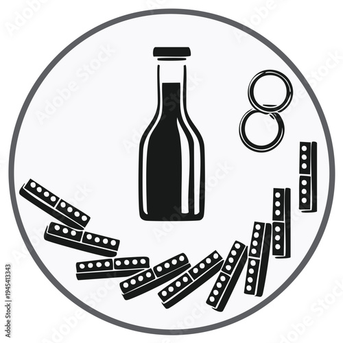 Tabletop game concept icon with a bottle, dominoes, and rings forming a figure eight