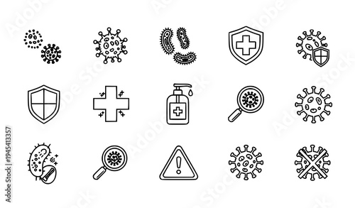 Antivirus and bacteria protection outline icon set with germs shield sanitizer and medical symbols black and white vector