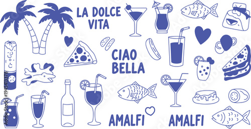 A vibrant illustration of Italian-inspired icons and phrases on a white background
