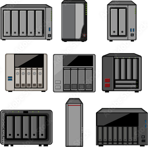 Set of various personal and enterprise level network attached storage systems, presenting solutions for local data backup, remote access, and secure digital information management