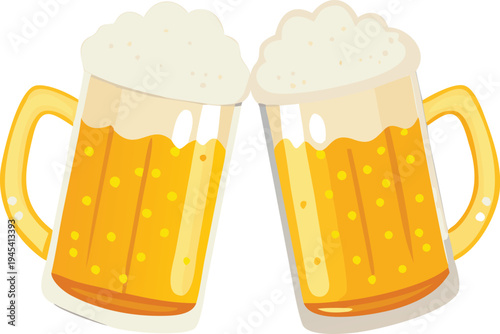 Two Beer Mugs Clinking Together with Foam and Bubbles Isolated  Illustration