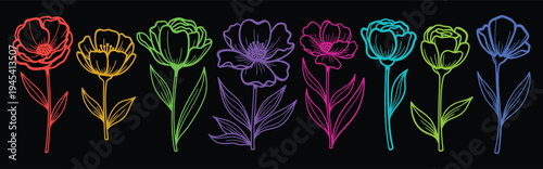 A vibrant illustration of colorful flowers in a rainbow of hues on a black background