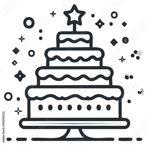 Illustration of a celebratory cake with star topper and surrounding sparkles