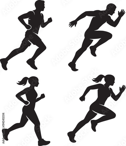 Running Athlete Silhouette Set Male and Female Runners