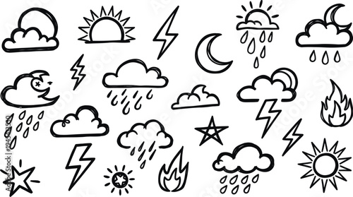A collection of various weather icons and symbols drawn in black and white.