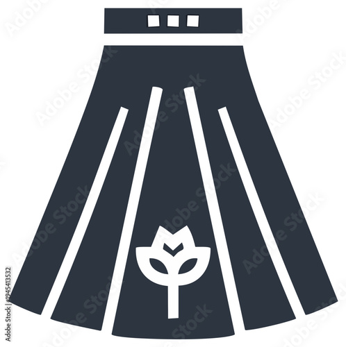 Elegant black skirt with floral embroidery and decorative slits, stylish fashion icon, apparel design element, minimalistic garment illustration