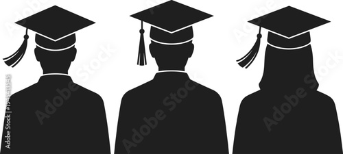 Graduate student silhouettes back view set, male and female wearing cap and gown, graduation education achievement concept