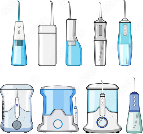 Different models of oral irrigators and water flossers are lined up, illustrating various designs of dental care equipment used for cleaning teeth and gums daily