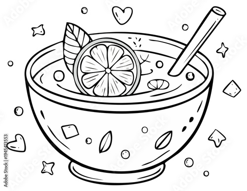 Bowl of refreshing fruit smoothie with citrus slice and straw, cartoon illustration.