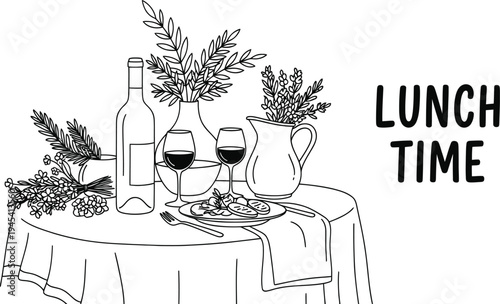 A beautifully set table with wine and food for a lovely lunch time