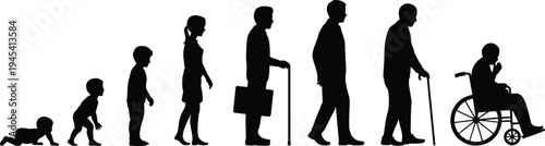 Silhouettes illustrating the stages of a human lifespan from crawling baby to elderly man in a wheelchair, life cycle and aging concept, isolated white background vector,