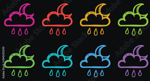 A colorful illustration of rain clouds with crescent moons in various neon colors on a black background