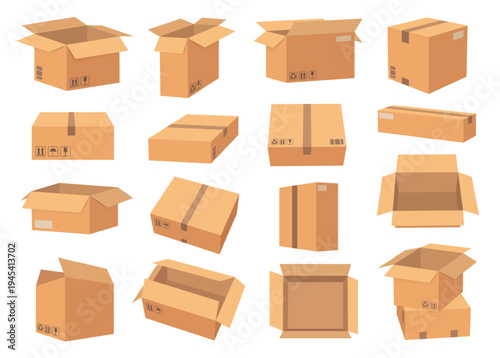 Cardboard boxes set, open closed taped parcels, packing symbols, barcode. Ecommerce shipping, logistics warehouse presentations, delivery apps. Vector illustration
