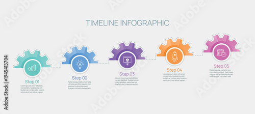 Timeline infographic with five colorful gear steps, business process, planning, growth, startup progress. Presentation, report, brochure, website, dashboard template. Flat vector illustration
