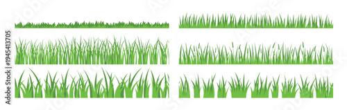 Green grass seamless border set, fresh lawn edges, meadow strips, botanical dividers, natural foliage rows. Garden, landscape, eco banner, poster, packaging decoration. Vector illustration