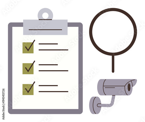 Task management, surveillance, security analysis, workflow monitoring, compliance check, quality control. A clipboard with checkmarks, magnifying glass and security camera. Task management