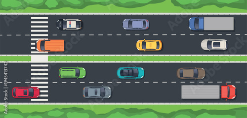Top view city road with moving cars, police vehicle, taxi, trucks, crosswalks, traffic lights, green roadside landscape. Navigation, transport, urban planning, map design. Vector illustration