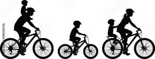 Family cycling silhouettes set, parents and child riding bicycles together, outdoor activity healthy lifestyle vector illustration collection