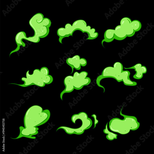 Green poisonous gas or bad smell smoke clouds collecting in an isolated cartoon art style vector illustration, representing dangers like pollution, chemical fumes, or unpleasant odors