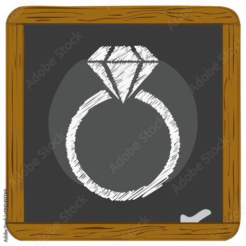 Chalkboard drawing of a diamond engagement ring on a dark school board with wooden frame