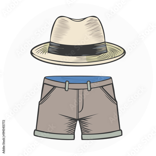 Summer Vacation Outfit Casual Hat and Shorts Illustration for Travel Concepts