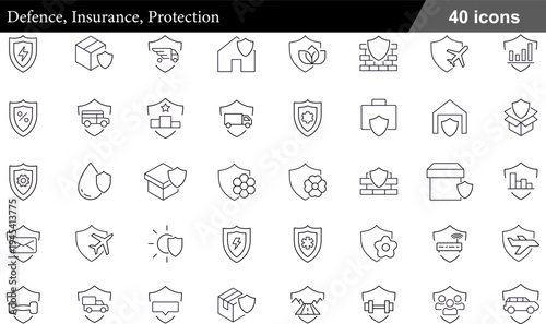 Defence Insurance Protection Thin Line Icons Set Security Shields, Property Coverage, Travel Safety, Financial Security and Risk Management Symbols for Business