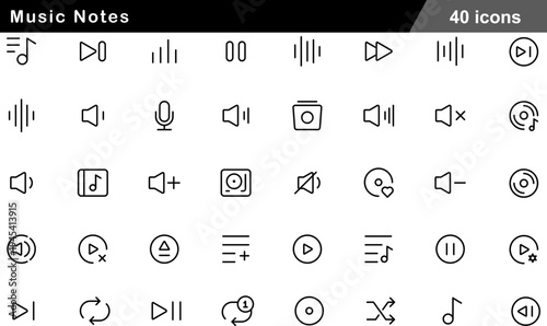 Music Notes Thin Line Icons Set Audio Playback Controls, Volume Speakers, Media Hardware, Playlist Symbols and Sound Wave Graphics for Music Apps