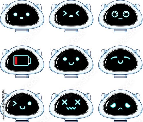 Collection of adorable robot heads showing different facial expressions, including happy, sad, confused, winking, and low battery, illustrating artificial intelligence feelings