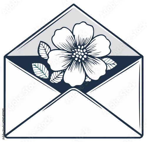Open Envelope with Blooming Flower and Leaves Detailed Illustration