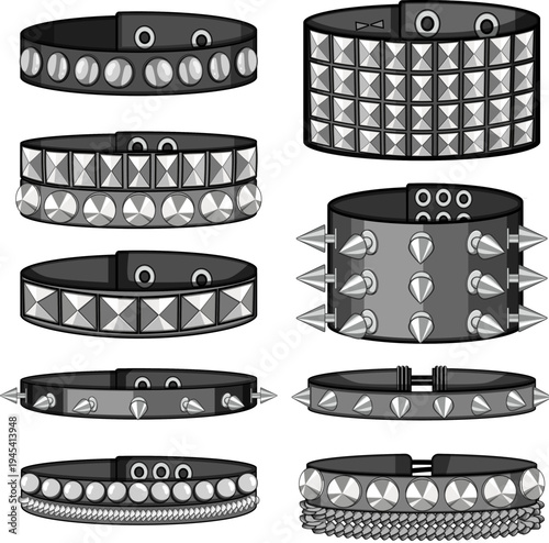 Collection of various studded leather bracelets, wristbands, and bangles presenting stylish metal spikes, studs, and chains, symbolizing alternative fashion, punk, and rock culture