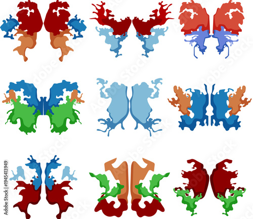 Abstract inkblot designs presenting a visual tool for psychological assessment and interpretation, signifying concepts of mental health, creativity, and inner thought processes