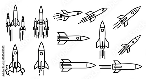 Collection of rocket ship illustrations in various poses and styles.