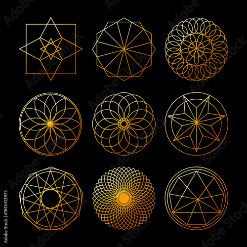 Tableau sur toile Geometric shapes and golden linear art patterns representing spiritual concepts,