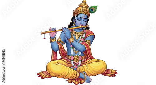 Illustration of Krishna sitting cross-legged playing a flute with a peacock feather on his head against a white background.