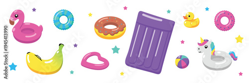 Cute summer pool floats flat vector illustration set with flamingo inflatable, unicorn swim ring, rubber duck, donut tube, air mattress and beach ball, colorful playful design