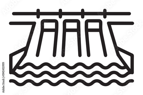 Hydroelectric Dam Line Icon – Water Reservoir and Energy Infrastructure Outline Vector