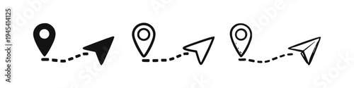 Navigation Route Icons Set. Location Pin and Direction Arrow Symbol in Three Styles.