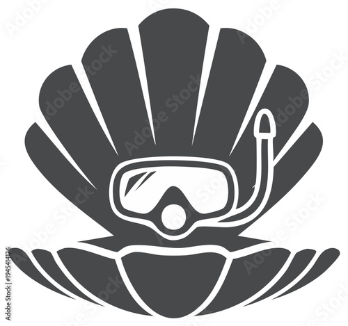 Open Seashell Holding Diving Mask and Snorkel Symbolizing Ocean Exploration and Summer Vacation