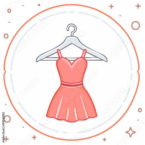 Cartoon illustration of a stylish red dress on a white clothes hanger in a decorative circular frame