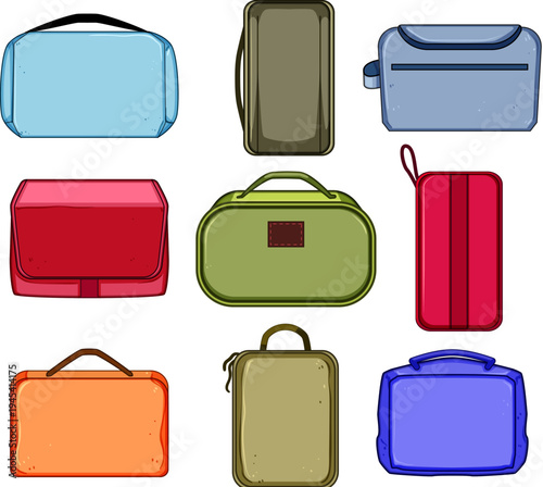 Collection of various travel organizer bags and pouches in different shapes. Sizes. And colors. Representing efficient packing. Classification. And portable storage essentials for journey and vacation