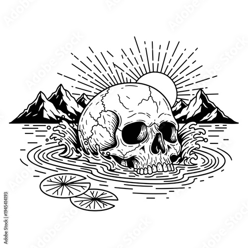 Skull emerging from water with lily pads in a serene natural setting.