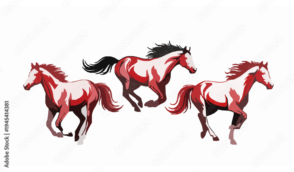 Fototapeta premium Minimal red and black galloping horses vector running stallion animal design