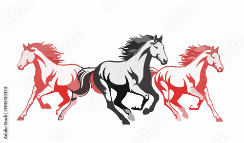Three galloping horses vector in red and black powerful running stallions illustration