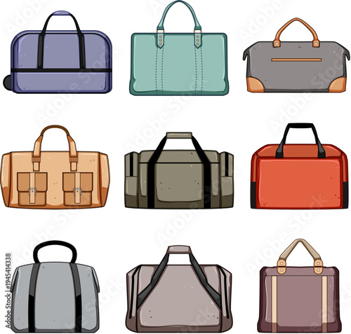 Assortment of hand drawn style duffel bags, weekender bags, and luggage depicting various designs and colors suitable for travel, vacation, and carrying belongings