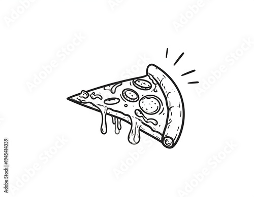 A black and white illustration of a pizza slice on a clean white background. It shows a triangle with toppings