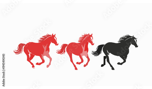 Stylized red and black galloping horse trio vector running stallion illustration