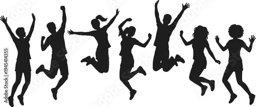Happy people jumping silhouettes set, men and women celebrating success, joy excitement energy action vector illustration collection