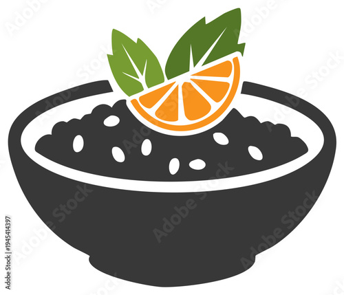 Stylized bowl of dark grain with orange slice and green herb garnish for healthy food