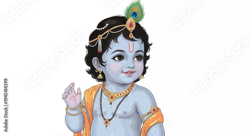 Illustration of a young Krishna with traditional Indian attire and jewelry on a white background.