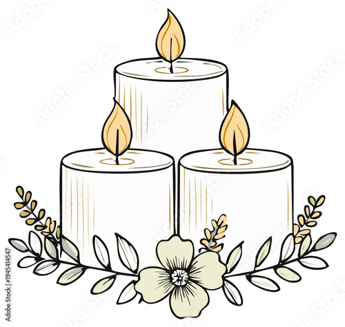 Three burning candles with floral wreath illustration